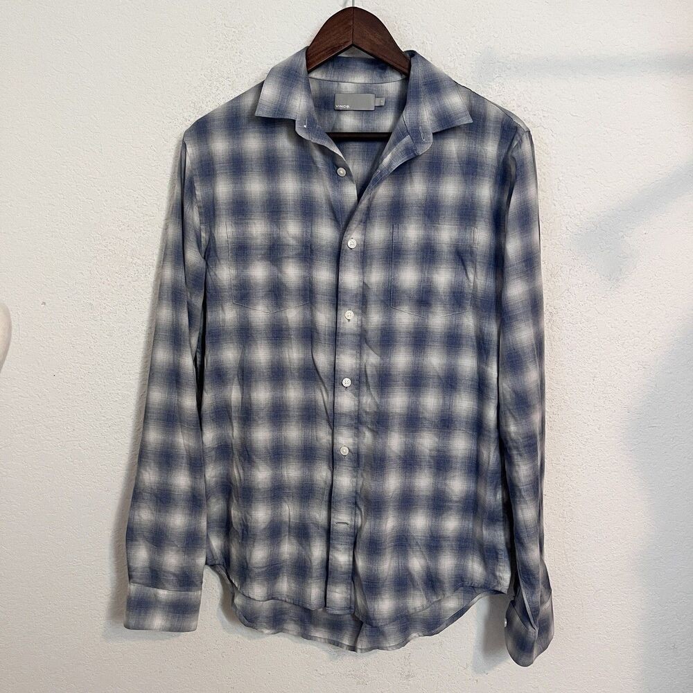 Vince Mens Button Down Shirt Size Small Plaid Long Sleeve Blue Casual Lightweigh